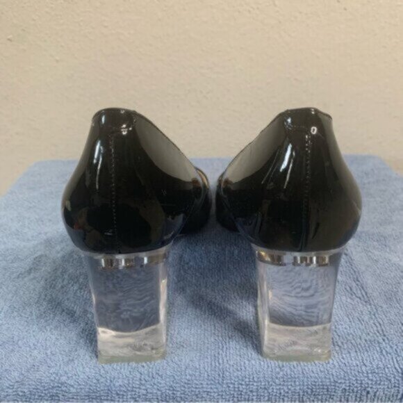 Marc Fisher Ltd Black Patent Leather Pointed Toe Clear Block Heels - Picture 10 of 15